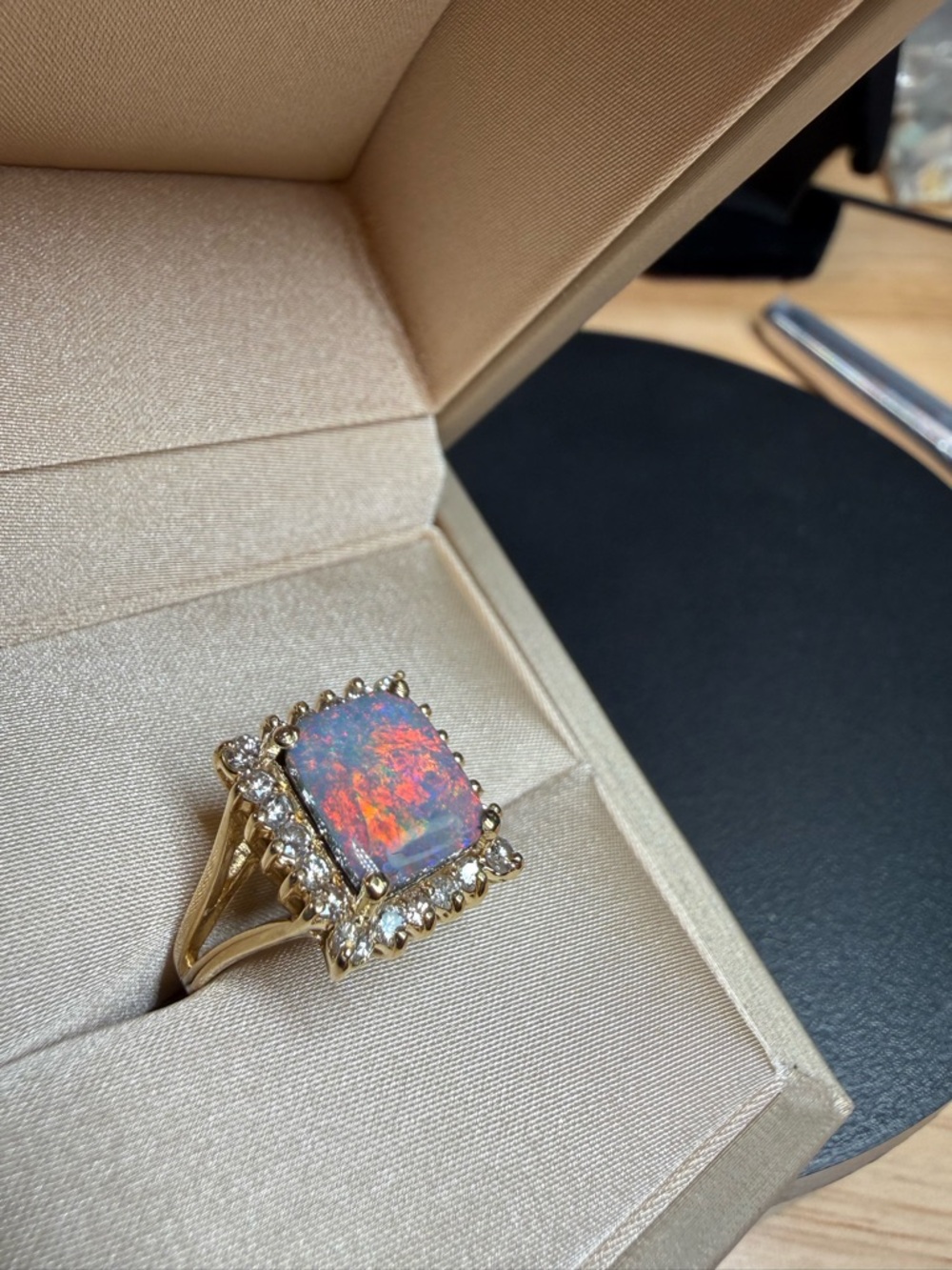 Lightning Ridge Black Opal and 14k Gold Opal Halo Ring - Iridescent - Picture 9 of 15